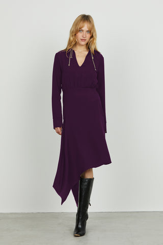 Abito IPSUM midi manica lunga con spacchetto scollo a v con colletto più catena logo asimmetric