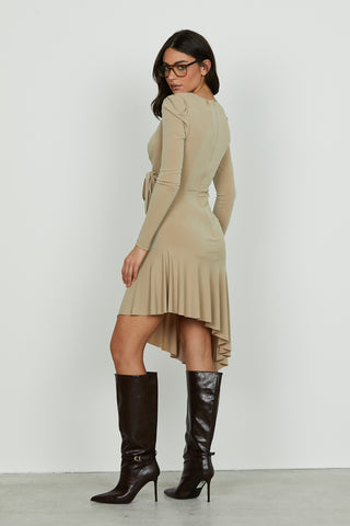 Abito ELITS midi manica lunga scollo incrocio con fusciacca più pieghe asimmetrico