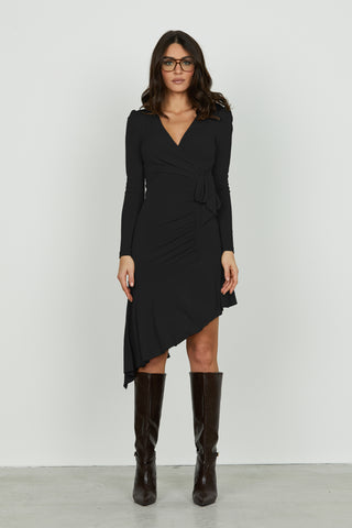 Abito ELITS midi manica lunga scollo incrocio con fusciacca più pieghe asimmetrico