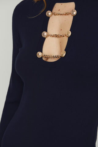 Abito BRANCO corto manica lunga colletto con apertura più catene più bottoni