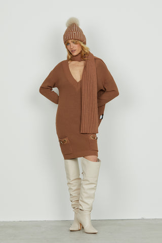 Abito ANAFI corto manica lunga scollo v con tasche più cinturini ecopelle