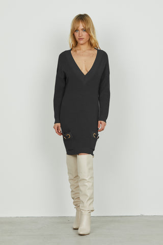 Abito ANAFI corto manica lunga scollo v con tasche più cinturini ecopelle