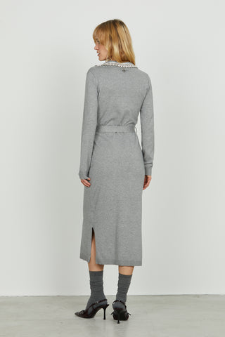 Abito MAUI corto manica lunga scollo v con colletto più applicazione strass più cintura