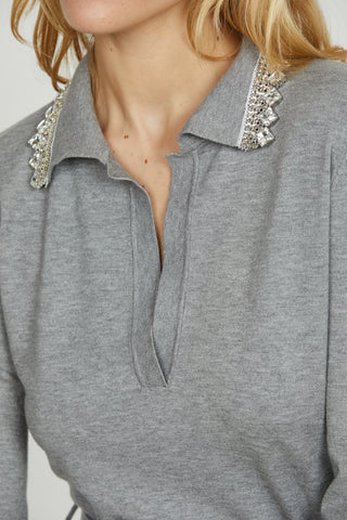 Abito MAUI corto manica lunga scollo v con colletto più applicazione strass più cintura