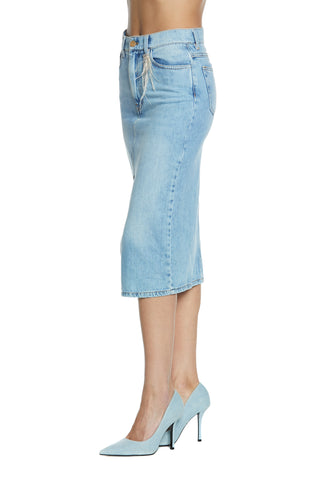 Gonna KHRISTY_2a longuette 5tasche  con spacco più spilla più piume più strass denim blue