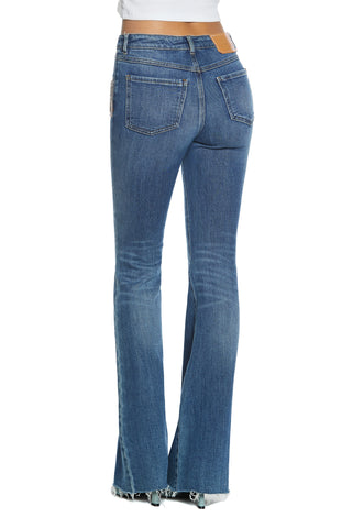 SHIFFER_22a medium waist 5 pocket trousers with rhinestone appl. flaire fit blue denim