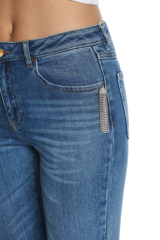 SHIFFER_22a medium waist 5 pocket trousers with rhinestone appl. flaire fit blue denim