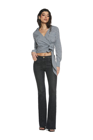 SHIFFER_3 medium waist 5 pocket trousers with fringed hem flaire fit denim black