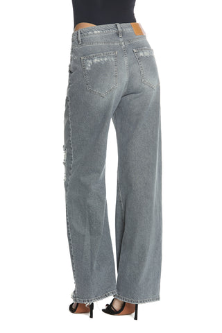 GISELLE_3a trousers medium size 5 pockets with tears plus jewel appliqué loose fit denim black