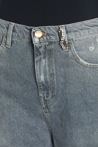 GISELLE_3a trousers medium size 5 pockets with tears plus jewel appliqué loose fit denim black