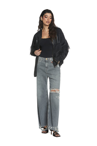 GISELLE_3a trousers medium size 5 pockets with tears plus jewel appliqué loose fit denim black