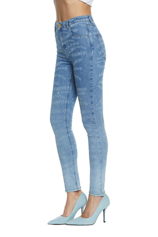 KATE_2l high waisted 4 pocket trousers with all over logo print slim fit denim blue