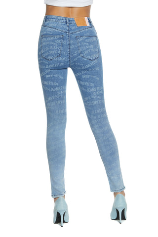 KATE_2l high waisted 4 pocket trousers with all over logo print slim fit denim blue