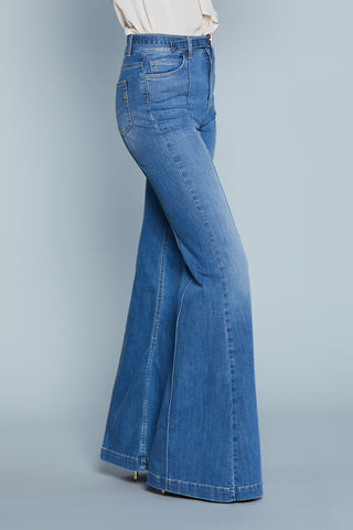 Jeans TRACY_B Vita Alta con Cintura più Fibbia Logo 5 Ts con Impunture Zampa Denim