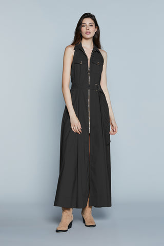 Abito LUNGU Lungo S/M Chemisier con Zip più Tasche più Cintura più Spacco