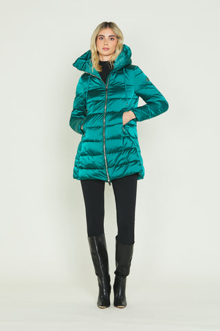 Piumino ARCTURUS lungo manica lunga con cappuccio più coulisse più zip più tasche raso