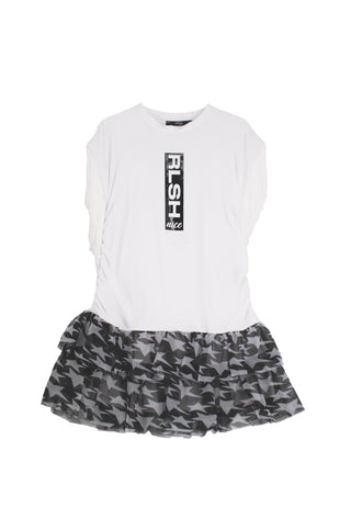 Abito PRIMULA corto mezza manica frange più stampa relishcon balze tulle stelle