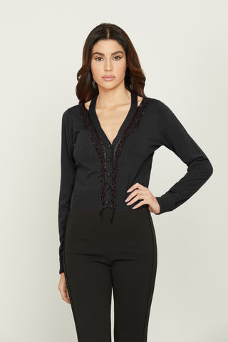 VENERE short cardigan with long sleeves and more open lapel. Shoulders plus beaded trimmings
