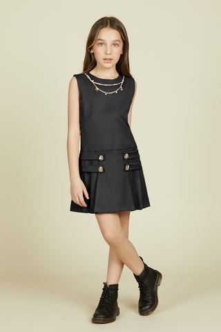 AMERICAN short sleeveless dress with pleats and martingale with buttons and necklace