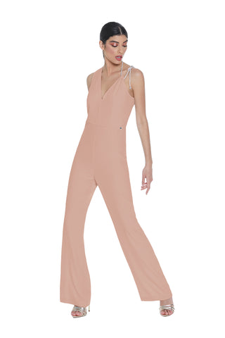 ALCHIBA jumpsuit with high waist plus front opening with rhinestone chain