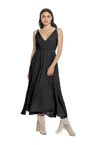 Long AMMER dress with double v-neck braided straps and wide waistline