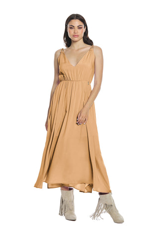 Long AMMER dress with double v-neck braided straps and wide waistline