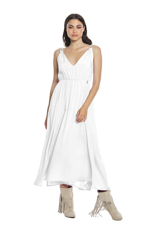 Long AMMER dress with double v-neck braided straps and wide waistline