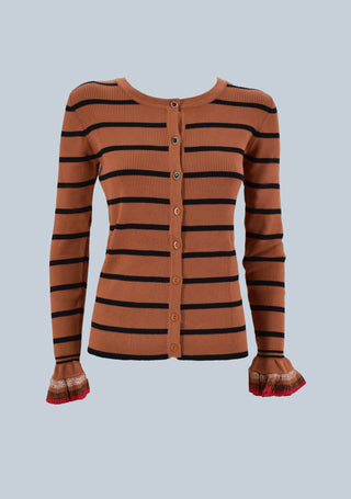 CHARM long sleeve cardigan with ruffles and multi-striped ribbed jewel buttons