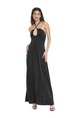Long DAVEN dress with tie neck and drawstring