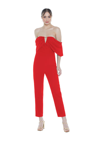 ELKURUD jumpsuit with high waist, half sleeves, front panel, opening, chain and back zip