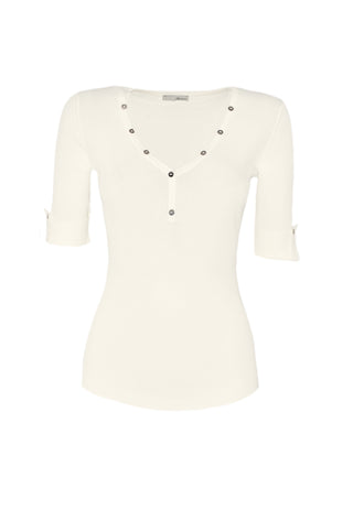 KILARM half-sleeve sweater with V-neck turn-up and ribbed buttons