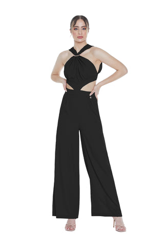 MIHAKO high-waisted palazzo jumpsuit with low-cut top with openings and accessory