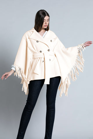 Cappotto MIUNA corto maniche a 3/4 kimono con frange d.petto più bott. più cappuccio più cint.