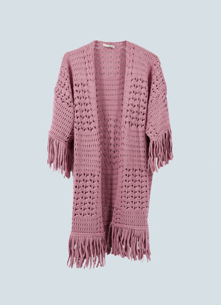 MONIA perforated 3/4 sleeve cardigan with fringes