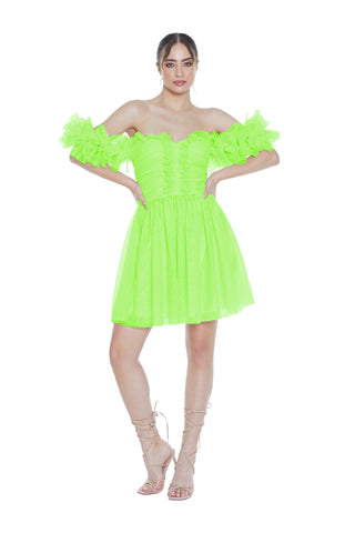 PRINCED short half-sleeved dress with ruffles, boat neckline, body with pleats and plumetis skirt