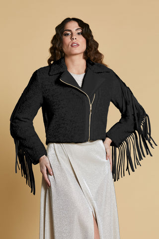 Pelliccia NESU eco corta manica lunga chiodo con inserti ecopelle più frange