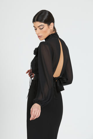 Blusa ARNO corta manica lunga con ap.dietro più fusciacca più spilla fiore