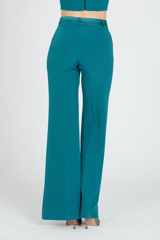 EVELIN high waist flared trousers with French pockets plus hook and satin