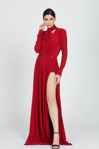 Abito NEKKARA lungo manica lunga più fiocco più catena dietro sc.profondo plisse' lurex