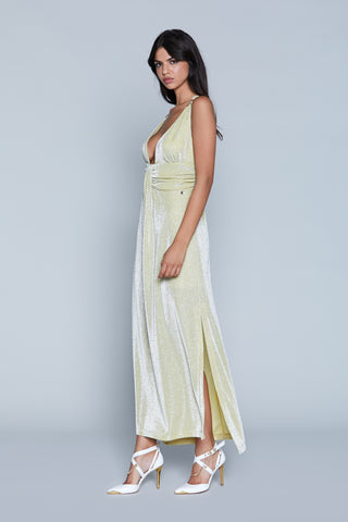 Abito AURORA lungo S/M con applicazione piercing più pieghe più spacchi lurex