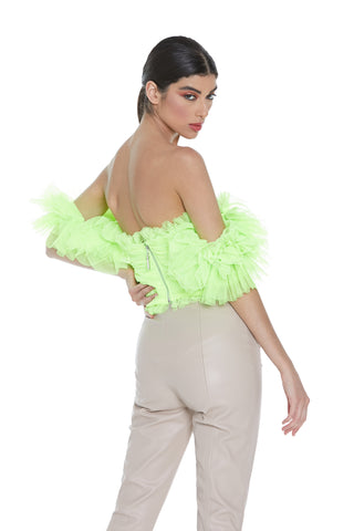 Top ELIF mezza manica con rouches tulle scollo barca corpetto con zip più pieghe t.plumet