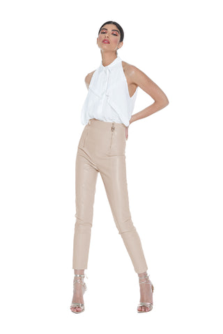 Panta SHOKEN  vita alta stretto doppia zip davanti più impunture ecopelle