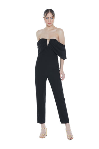 ELKURUD jumpsuit with high waist, half sleeves, front panel, opening, chain and back zip