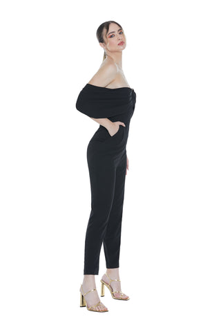 ELKURUD jumpsuit with high waist, half sleeves, front panel, opening, chain and back zip