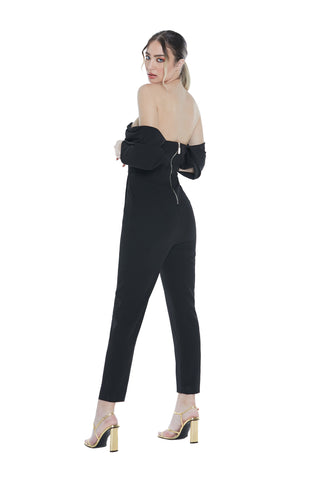 ELKURUD jumpsuit with high waist, half sleeves, front panel, opening, chain and back zip