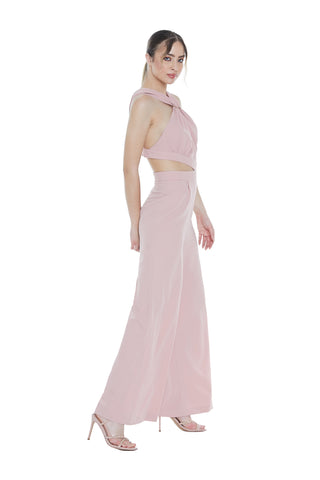 MIHAKO high-waisted palazzo jumpsuit with low-cut top with openings and accessory