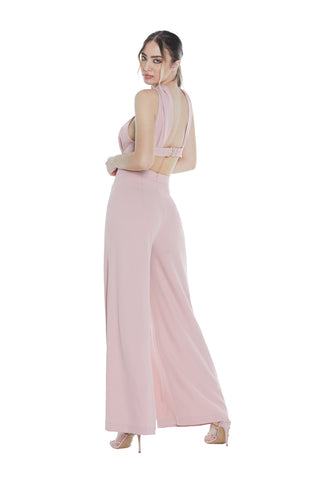 MIHAKO high-waisted palazzo jumpsuit with low-cut top with openings and accessory