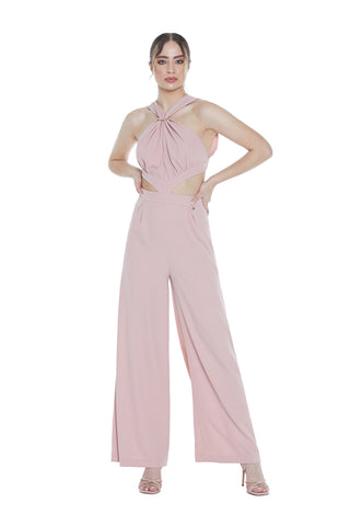 MIHAKO high-waisted palazzo jumpsuit with low-cut top with openings and accessory