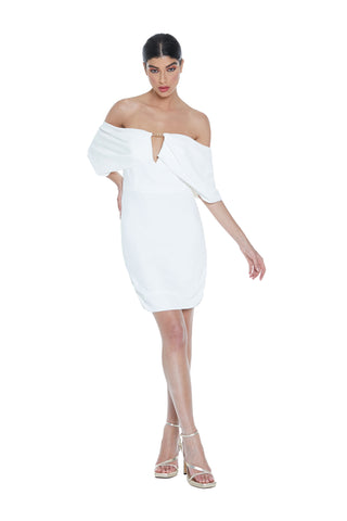 Short FAWARIS dress with gathered sides, half sleeves plus front panel plus opening plus chain