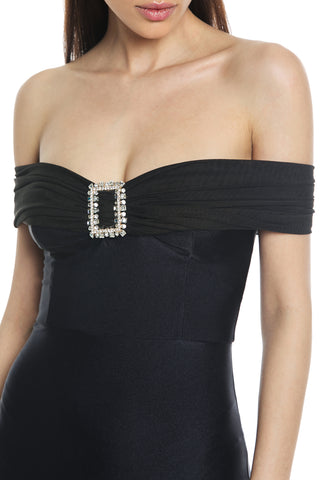 Tuta BARDO slim scollo barca tulle con arricci più accessorio strass